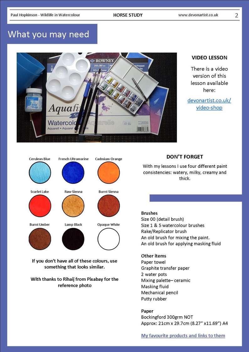 The materials needed to paint the horse, just 9 colours shown as swatches, and a list of other equipment and materials that it would be useful to have.