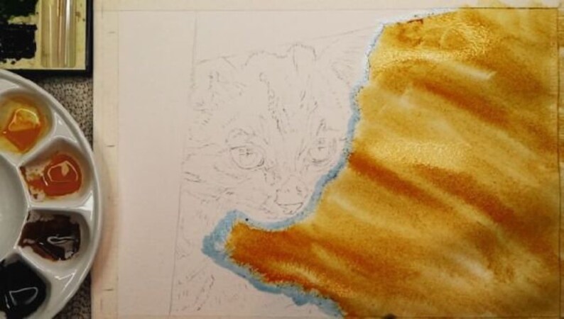 Paul has applied a loose and varied brown wash to the wooden floor.  His paints are shown in his palette to the left.