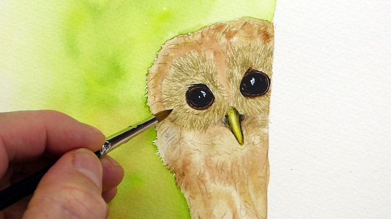 Both eyes are painted in this photo, and the beak is painted too.  Paul is just applying a brown foundation wash to the owl's head and body.