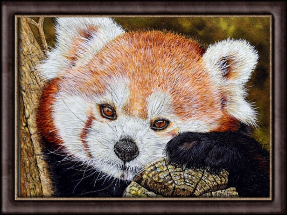 動物　絵画　アート オリジナルのレッサーパンダの水彩画、動物の水彩画、野生動物のアート