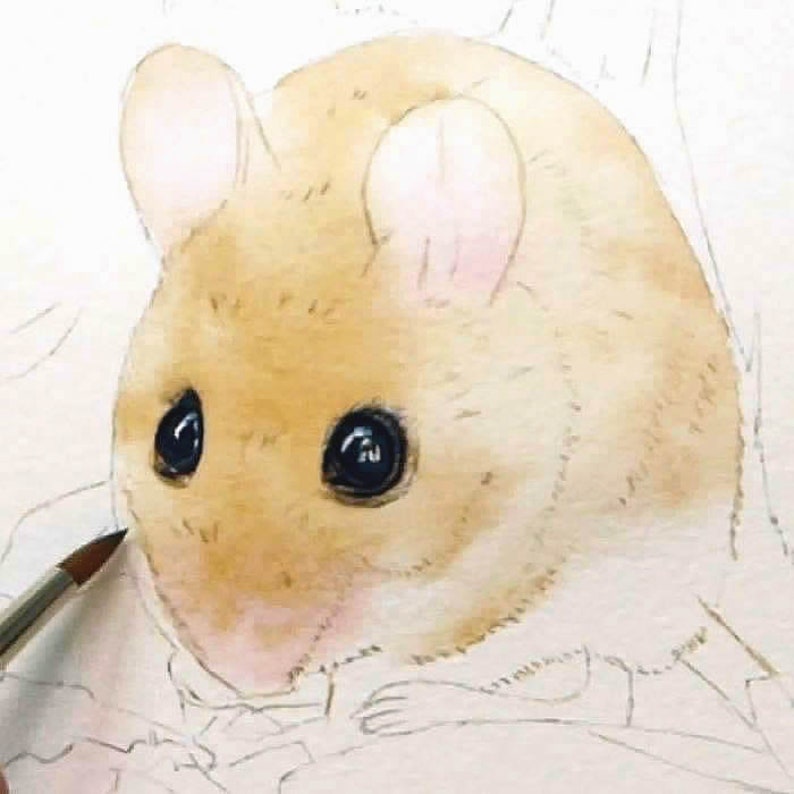 The start of the painting, Paul is working on the first watercolour wash over the mouse's body.  Its two large eyes have been painted, and look lifelike and real.