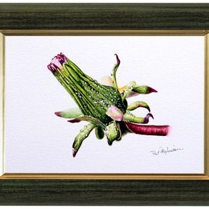 The finished painting, which is very detailed and realistic looking, displayed in a green frame with a gold trim on the inside.