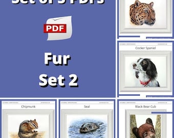 May include: Set of 5 PDF digital downloads for cross stitch patterns featuring a leopard, cocker spaniel, chipmunk, seal, and black bear cub. The title "Fur Set 2" is displayed on a blue background.