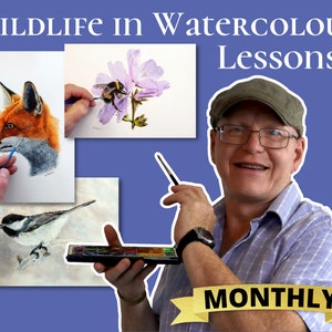 A picture of Paul holding a brush and paint pans with the word annual across him.  The title is Wildlife in Watercolour Lessons, and there are images of a Fox, Chickadee and Bumblebee paintings, all with Paul's hand on them with his brush.