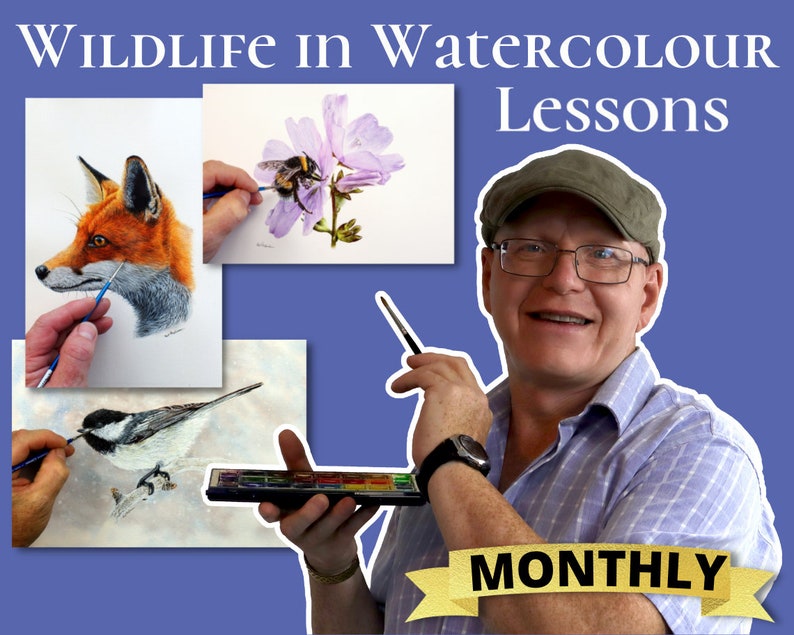 A picture of Paul holding a brush and paint pans with the word annual across him.  The title is Wildlife in Watercolour Lessons, and there are images of a Fox, Chickadee and Bumblebee paintings, all with Paul's hand on them with his brush.