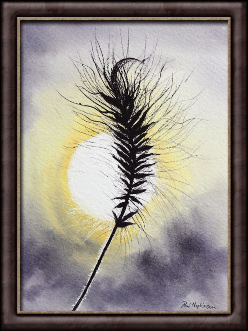 The grass seed head painting in a dark brown frame.