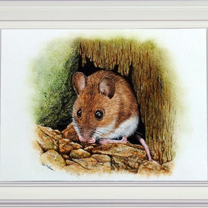 This is the finished painting shown in a white frame.  The mouse has old broken wood above it, a green concrete wall to the side, and gravel below.