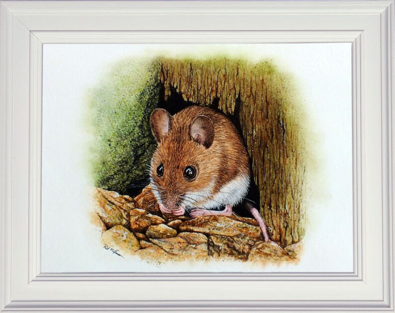 This is the finished painting shown in a white frame.  The mouse has old broken wood above it, a green concrete wall to the side, and gravel below.