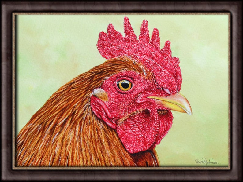The cockerel painting in a dark brown frame with a duller brown inner edge.