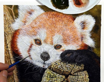 May include: A watercolour painting of a red panda resting its head on a piece of wood. The panda has a reddish-brown coat with white markings on its face and chest. The wood is a light brown colour with dark brown rings.