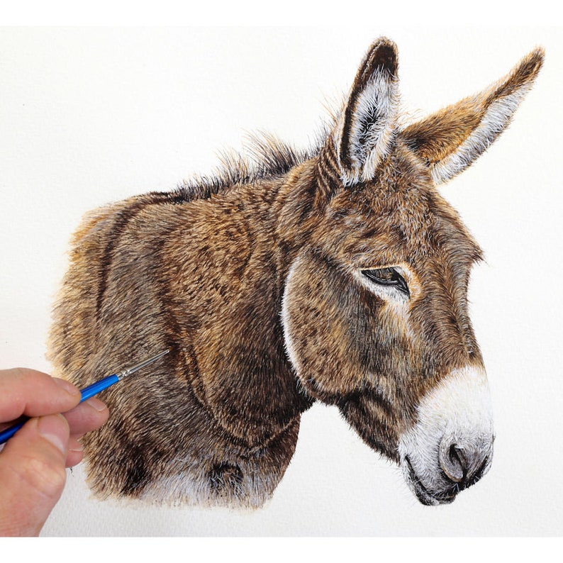 This is a painting of a brown donkey with a white muzzle.  Paul has nearly finished painting it, and is currently working on the folds around the neck.  It has lovely eyes, and beautiful fur.