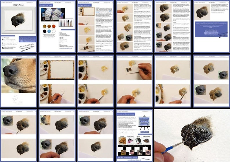 The lesson overview for the nose painting, again laid out with photos alongside written text.  There's a page showing the materials needed, and  the photo and drawing are included too.