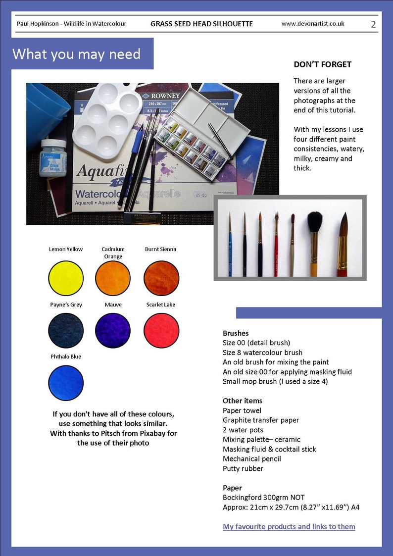 The second page of the lesson shows a list of materials needed for the project.  There are also colour swatches of the watercolours needed.