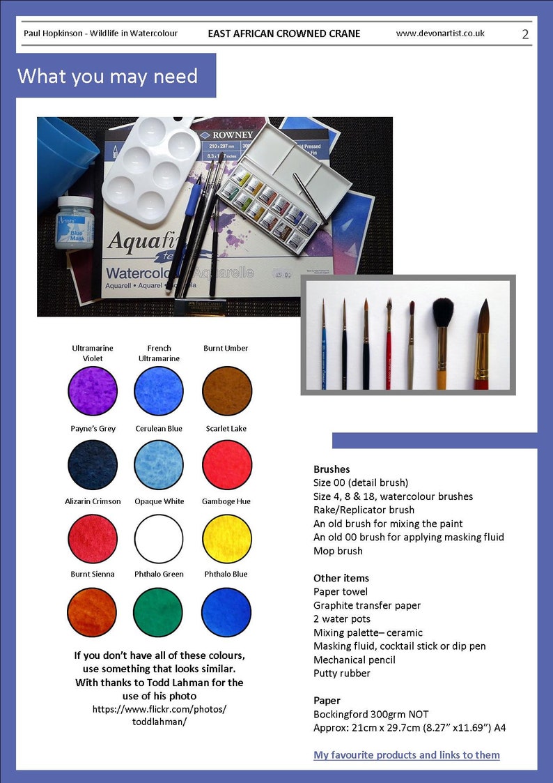 The materials section of the lesson. This shows swatches of the colours that are needed for the painting project.  There's also a list of brushes, and other items that the artist will need.