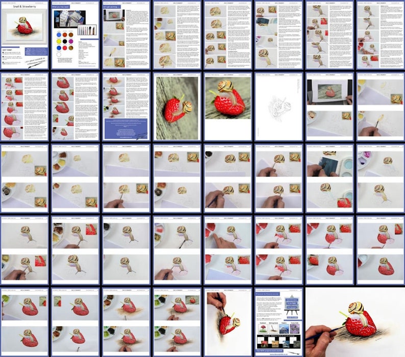The whole PDF lesson laid out as a collage of pages.  You can see how the painting has been built up from start to finish, through the series of photos of Paul's own painting.  There is also a lot of written text too.