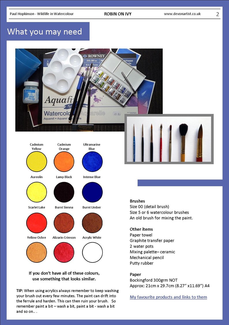 The materials section of the lesson, with the watercolour paint colours shown as swatches with their names.  Alongside, there's a list of the other materials and equipment that you will need.