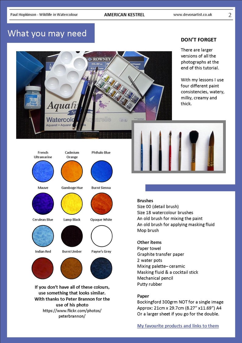 These are the materials that will be needed for the project.  On the page, the paints are shown as swatches of colour.  The other equipment is listed.