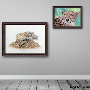 In this photo the gecko is shown in a brown frame and is hung on a wall alongside a painting of a cheetah in the same type of frame.