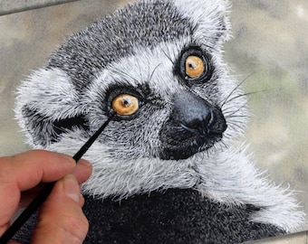 ORIGINAL Ring-tailed Lemur Watercolour Painting, Realistic Wildlife Illustration