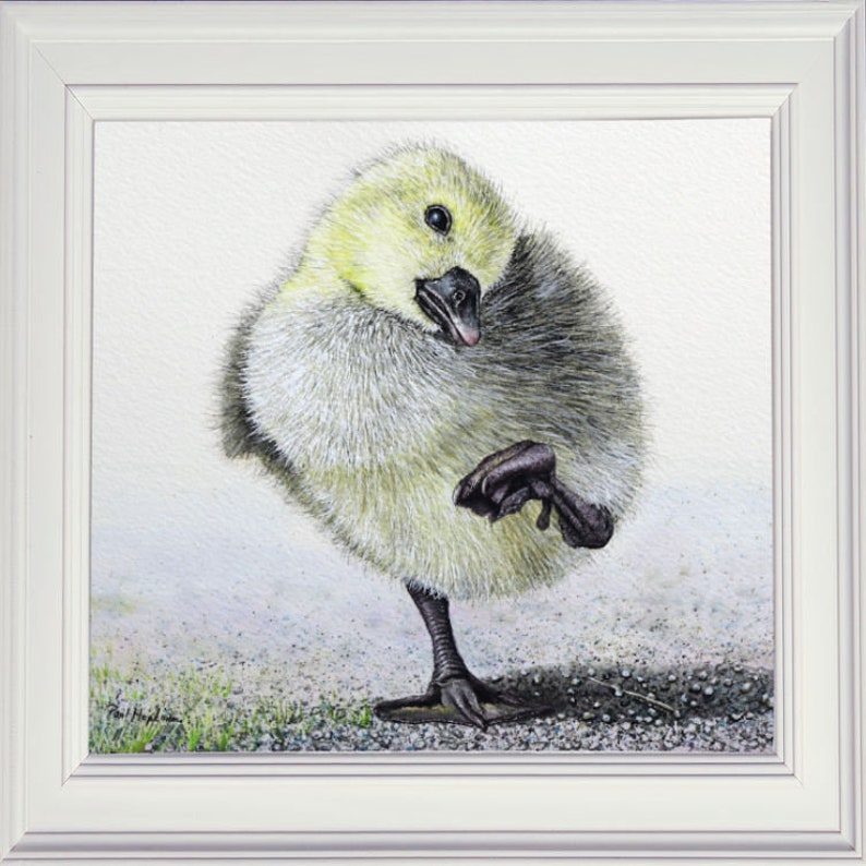The finished fine-art painting of the Gosling shown in a white frame.
