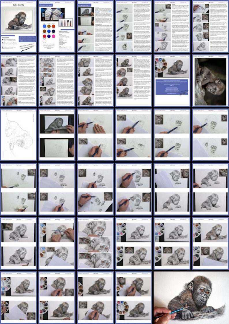 An overview image of all the pages within this watercolor gorilla painting tutorial. There are over 35 pages illustrated, and they include both written guidance and work in progress photos of Paul's painting too.