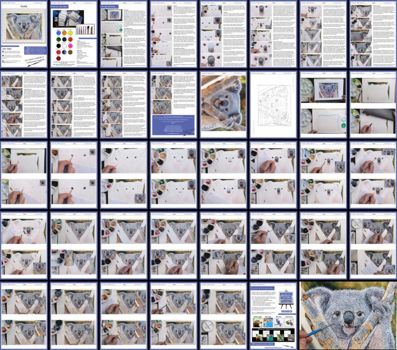 An overview collage of all the pages in this lesson.  They are laid out with photos alongside text, and then lots of full-width photos showing the progression of the painting from start to finish.