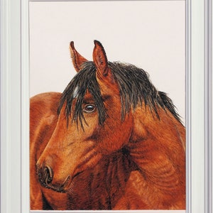 The completed painting of the horse in a white frame.