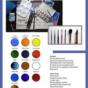 The materials page of the lesson, and there are a surprising number of colours - 16 in all, shown as circular swatches.  There's also a list of the other equipment needed.