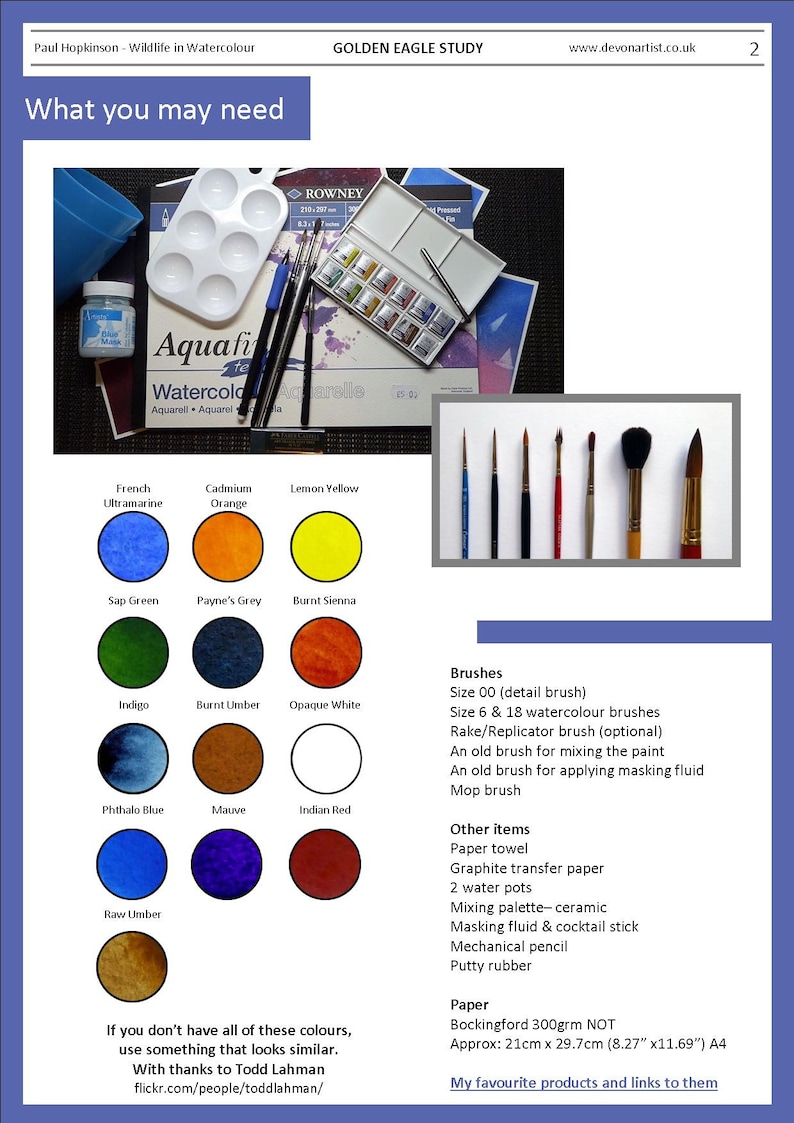 The materials page of the lesson, and there are a surprising number of colours - 16 in all, shown as circular swatches.  There's also a list of the other equipment needed.