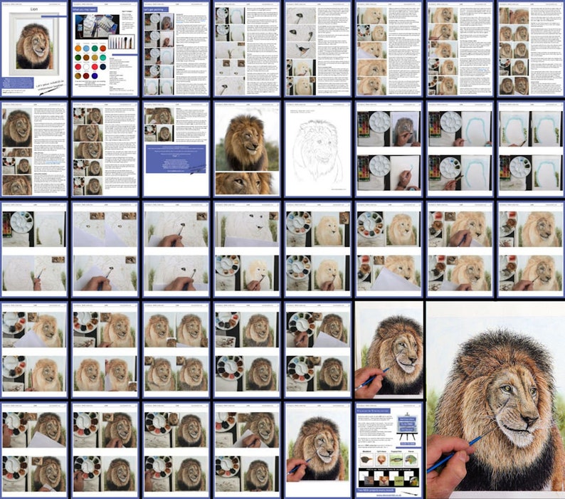 The entire lion painting lesson, laid out as a collage of pages.  The painting comes together in tiny steps, and these have been photographed for the PDF.