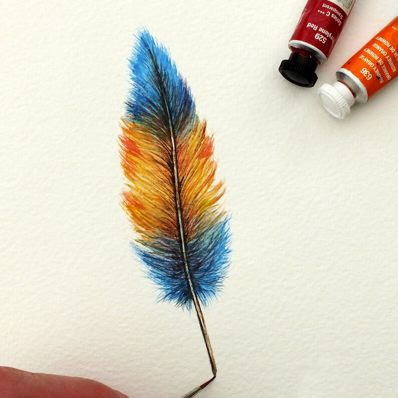 Original Watercolour Feather Paintings, Colourful Watercolor Wall Art, Affordable Art, Feather Art 1. Fire & Ice