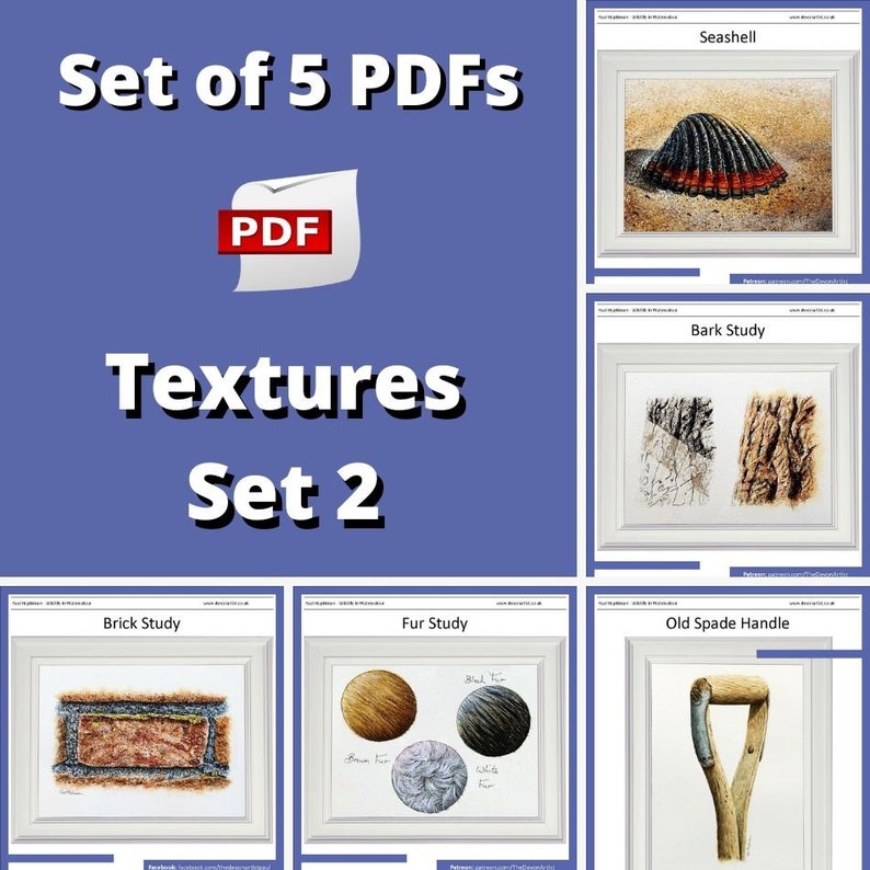 The words, 'set of 5 pdfs, Textures set 2 are shown to the top left.  There are 5 photos of paintings in frames, a shell, bark study, spade handle, fur studies and a brick.  Each is painted in fine details and looks realistic.