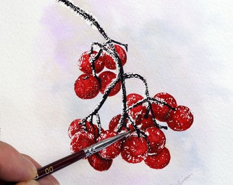 ORIGINAL Snowy Berries Watercolor Painting, Cranberry Fruit Watercolour Painting, Christmas Artwork, Nature Illustration