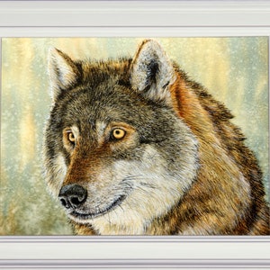 The finished wolf illustration shown in a white frame.