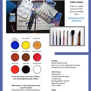 The materials you will need for painting the wren, these are shown as circular swatches of colour for the paints, and a list of the other equipment and materials.