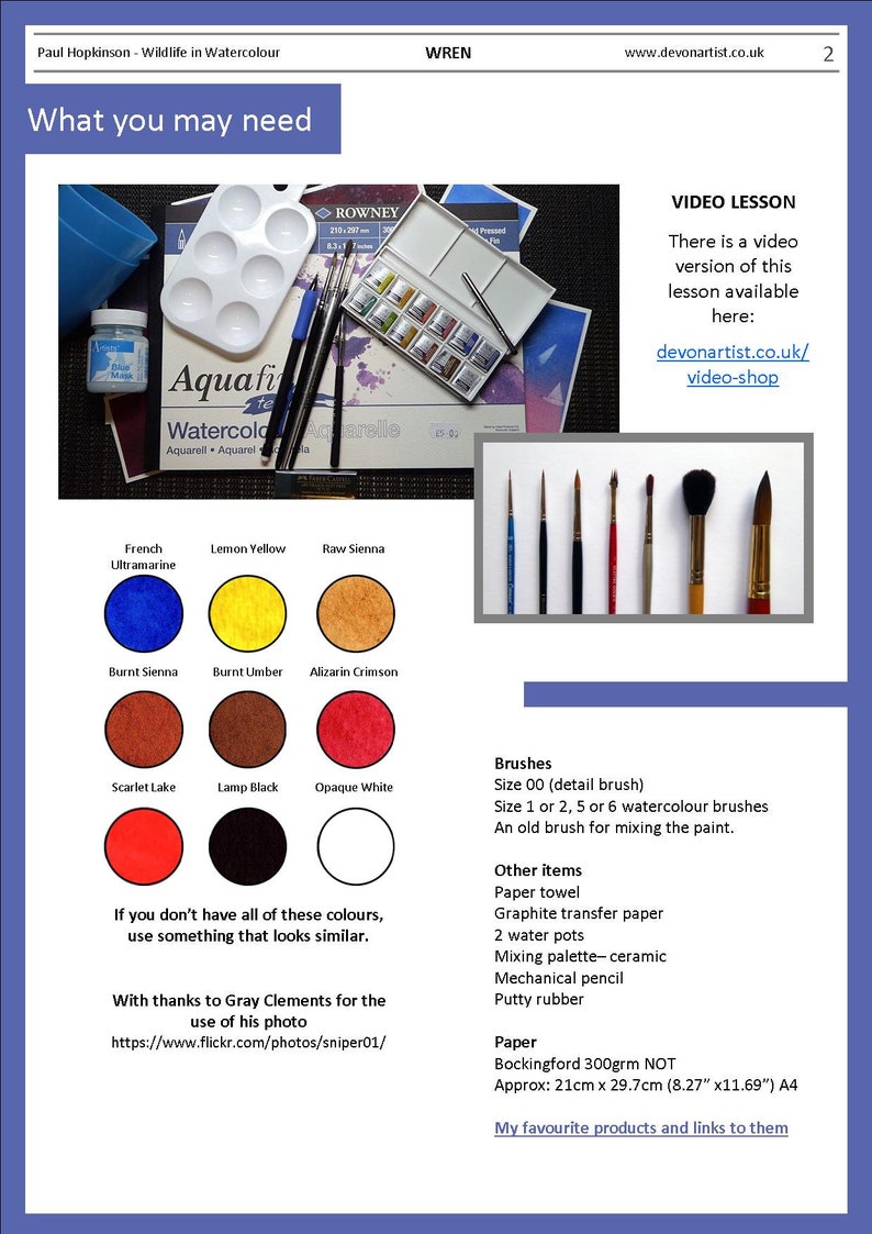 The materials you will need for painting the wren, these are shown as circular swatches of colour for the paints, and a list of the other equipment and materials.