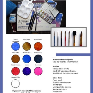 This is the second page of the lesson, and it includes swatches of the watercolor colors you will need for the project.  In addition, there's a list of other equipment you will need.
