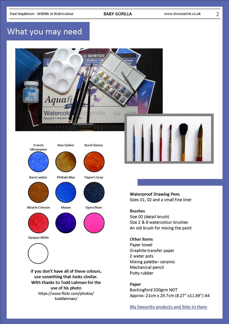 This is the second page of the lesson, and it includes swatches of the watercolor colors you will need for the project.  In addition, there's a list of other equipment you will need.