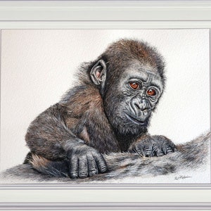 The gorilla painting is shown finished and in a white frame.  It is highly detailed, and looks realistic.