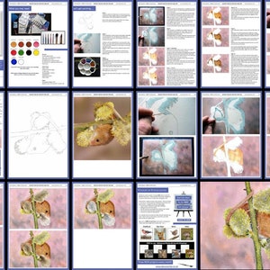 May include: A step-by-step watercolor painting tutorial showing how to paint a harvest mouse on a pussy willow branch. The tutorial includes a list of materials needed, a color palette, and detailed instructions for each step.