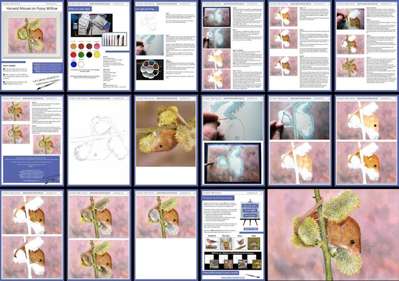 May include: A step-by-step watercolor painting tutorial showing how to paint a harvest mouse on a pussy willow branch. The tutorial includes a list of materials needed, a color palette, and detailed instructions for each step.