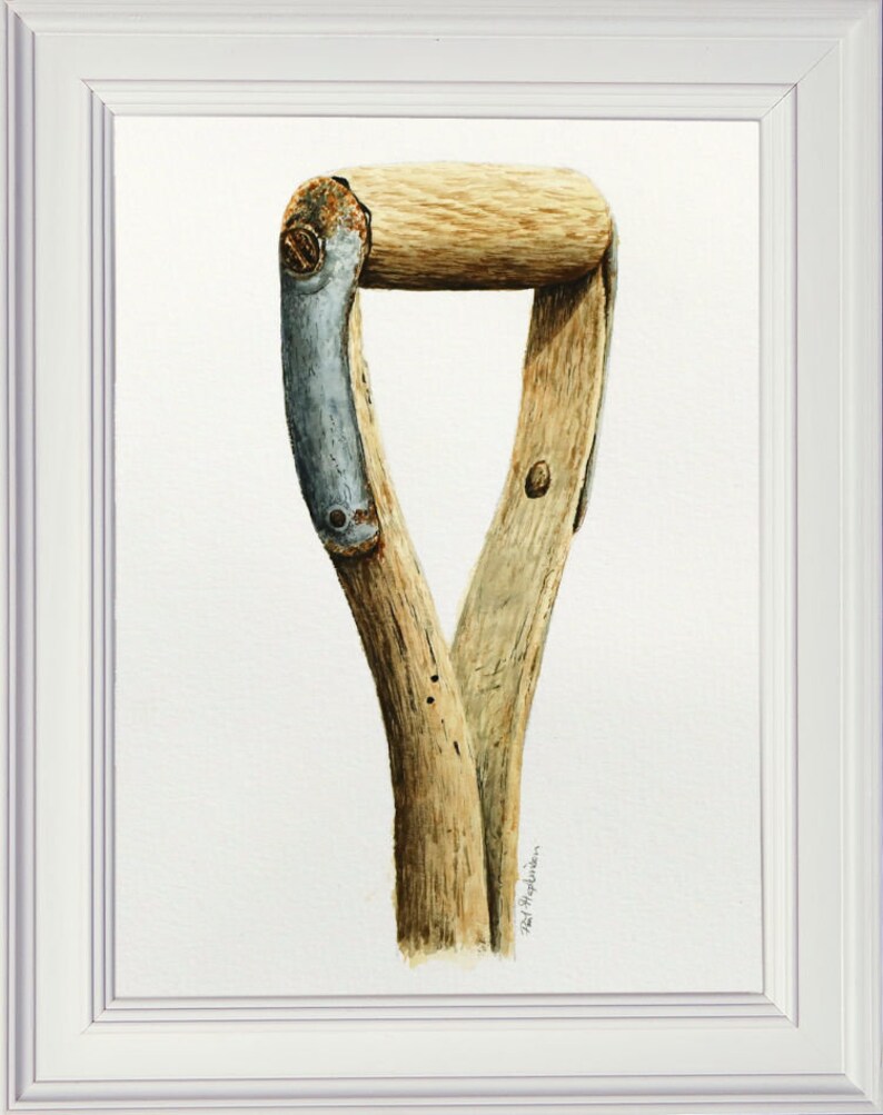 The finished study of the old wooden spade handle.  This is highly detailed, with a rusty piece of metal on the side and the wood grain showing.  A realistic study that is illustrative in style.