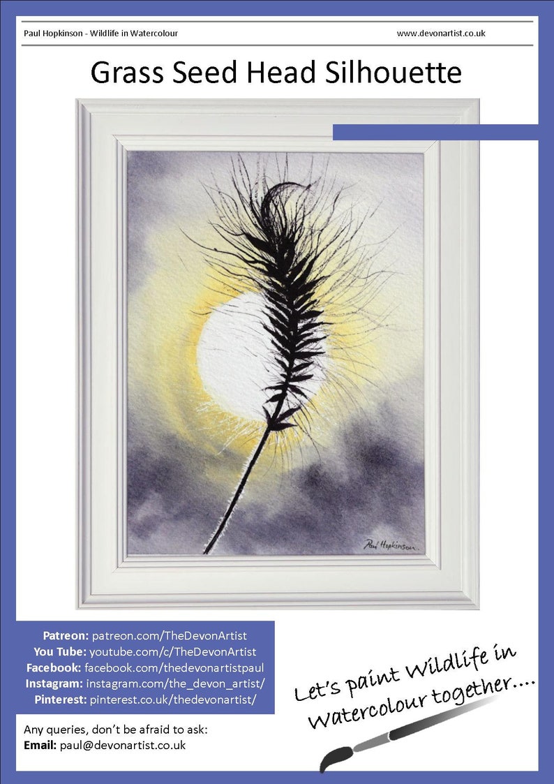 The first page of the watercolor ebook.  This shows the finished grass seed head painting in a white frame.  Underneath are links to Paul's other online channels.