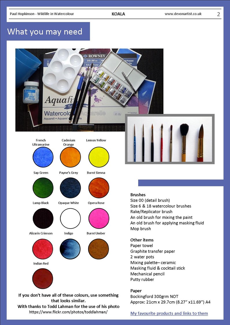 The materials needed for this project.  The paint colours are shown as circular swatches, and the other equipment is in a list format.
