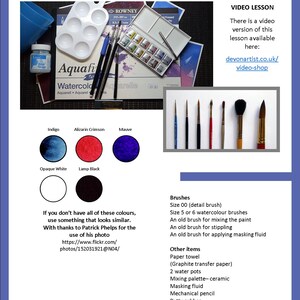 The materials section, which includes just 5 colours, indigo, alizarin crimson, mauve, opaque white and lamp black.  Alongside, there is a list of materials and art equipment needed to complete the snow study.