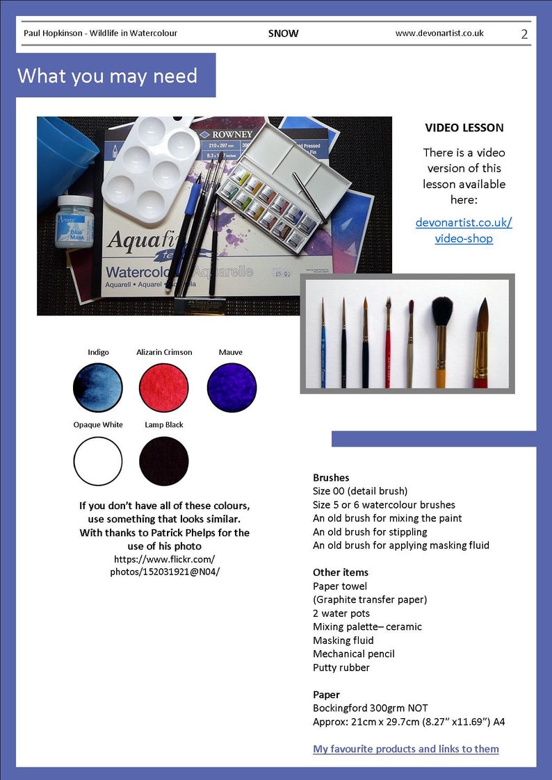 The materials section, which includes just 5 colours, indigo, alizarin crimson, mauve, opaque white and lamp black.  Alongside, there is a list of materials and art equipment needed to complete the snow study.
