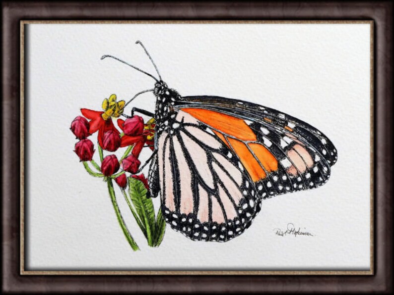 Original butterfly painting in a brown frame.