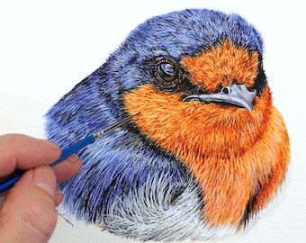 オリジナル水彩画「ようこそツバメの絵」、水彩画のリアルな鳥の