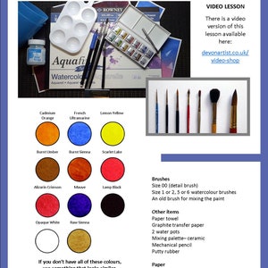 The materials section of the e-book.  This has circular colour swatches of the paints used in the project, alongside a written list of all the other materials.