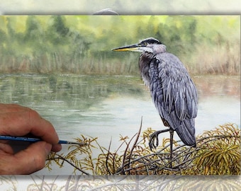 Original Blue Heron Watercolor Painting, Wildlife Art (14x18.5cm)